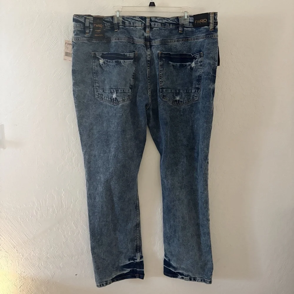 NEW‎ FWRD Denim & Co. Mens Blue Slim Fit Jeans Distressed 46x33 Graffiti Sayings